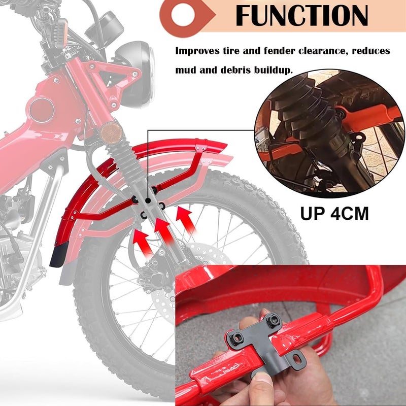 Techtek Front Fender Lift Kit Mudguard Lift Riser 4CM Bracket Kit for Honda CT125 Trail 125 Hunter Cub 2020-2024 Front Fender Lift Up Set Black Steel Accessories (Set of 2) - Image 2